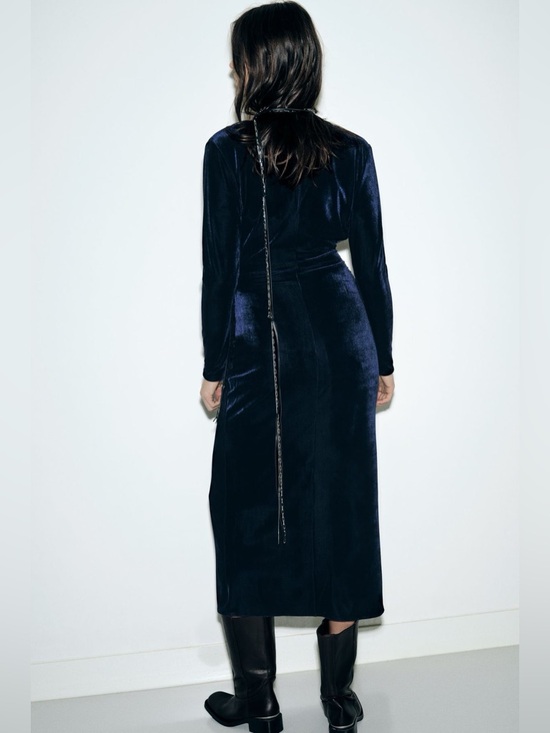 Zara Navy Velvet Wrap Midi Dress Ruched Slit Elegant Evening Size S - Picture 13 of 16